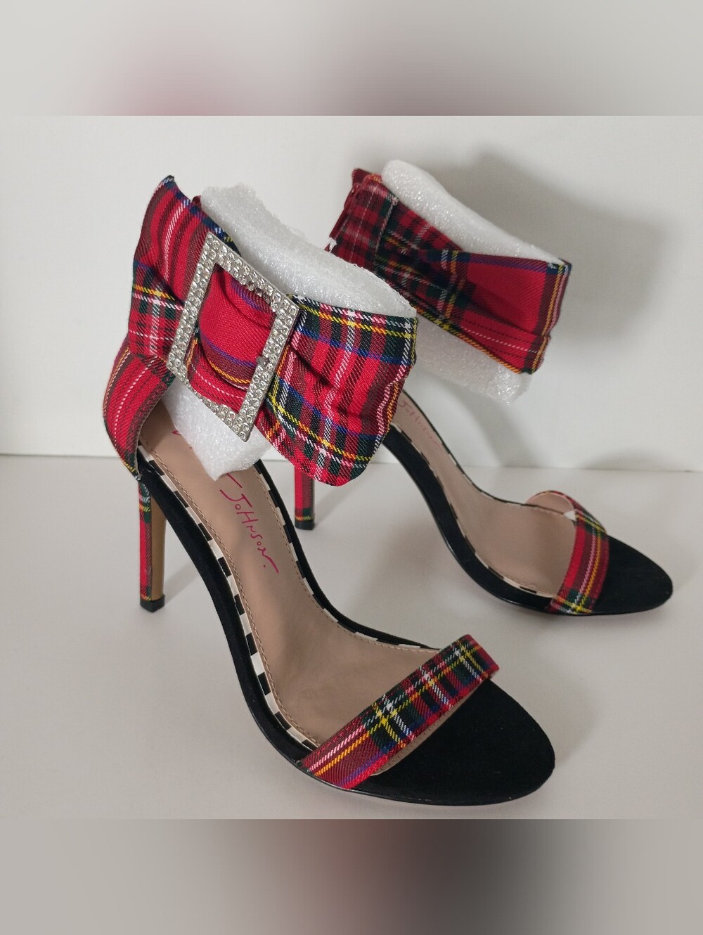 Betsy Johnson Rarity Plaid Red Rhinestone Ankle-Buckle Open Toe Heels